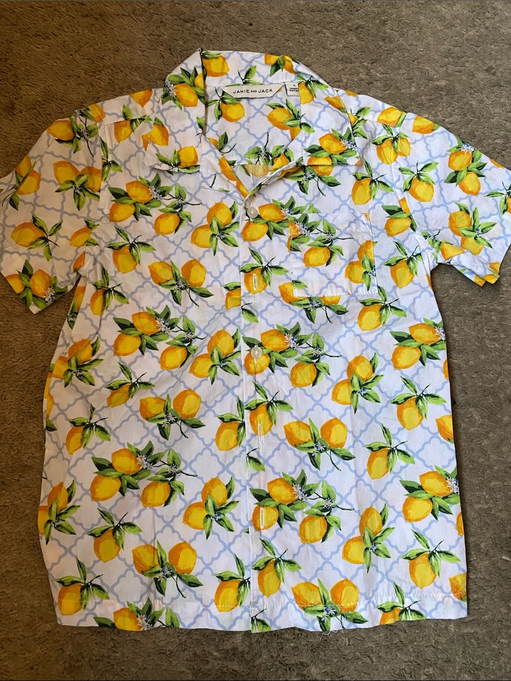 Janie and Jack White Short-Sleeve Button-Down Shirt with Yellow Lemon Print